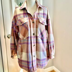 SO Women's Flannel Wool Jacket, Pink Cream and Blue, Oversized Fit! M/L